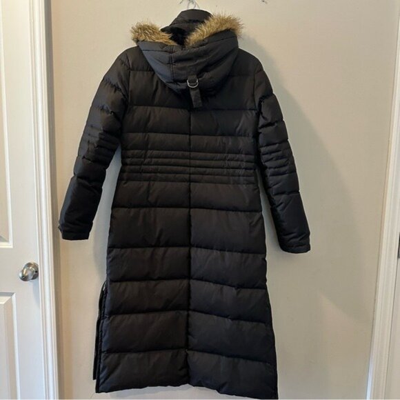 DKNY Black Long Down Puffer Coat Fur Trim Hood Hooded Winter Parka Sz Small - Picture 3 of 16